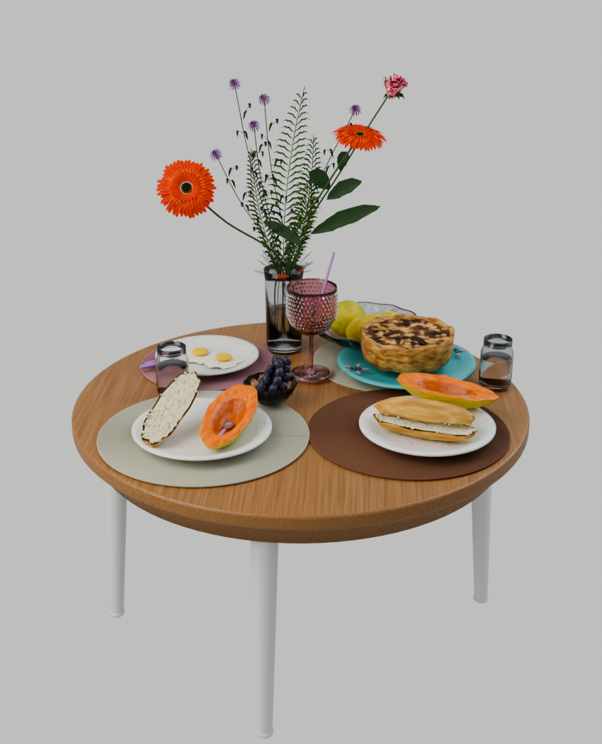 A mesa de café da manhã que forma o cenário do jogo